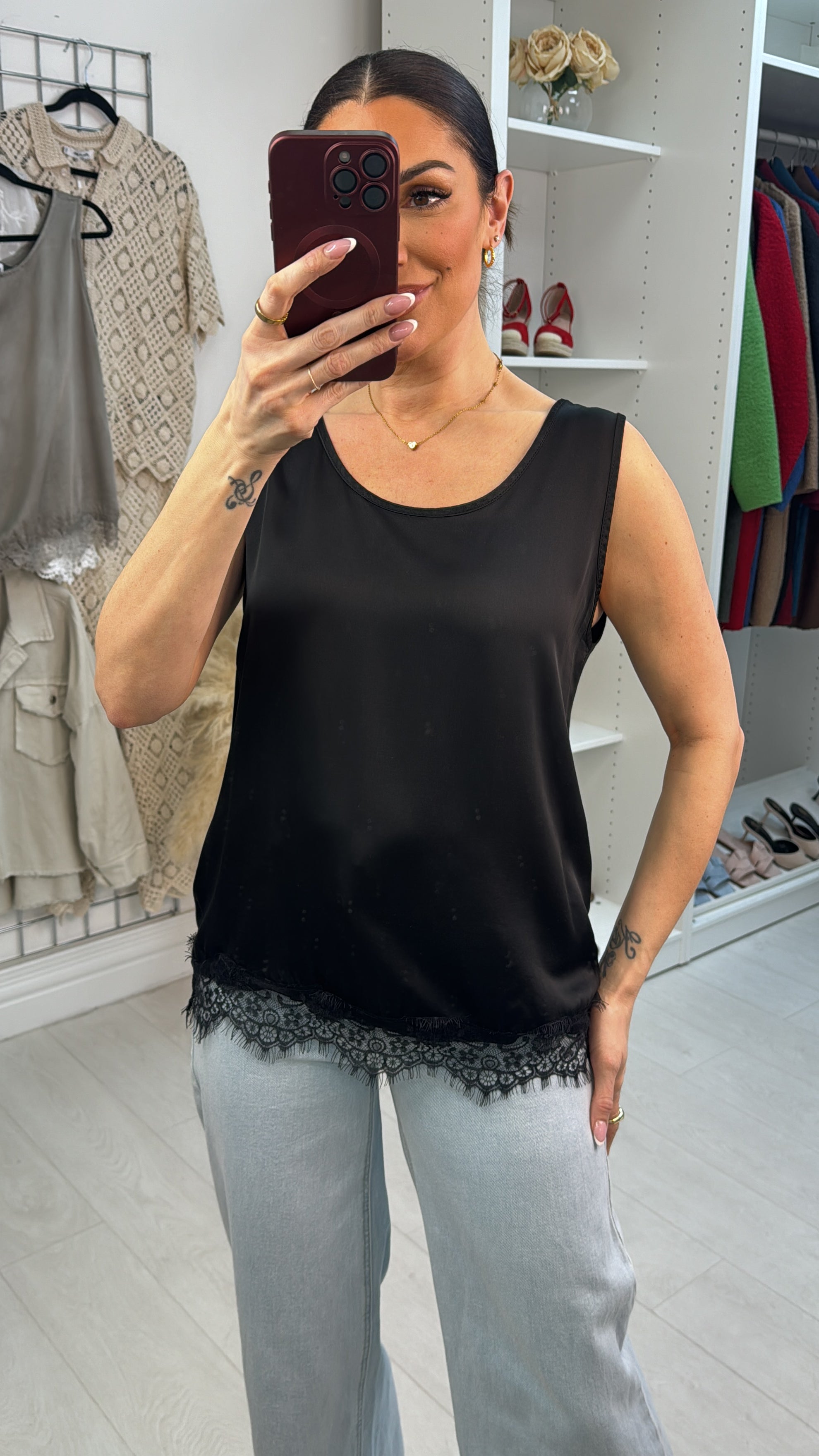 Alena Plain Lace Trim Satin Top