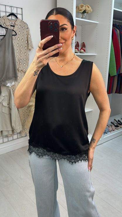 Alena Plain Lace Trim Satin Top