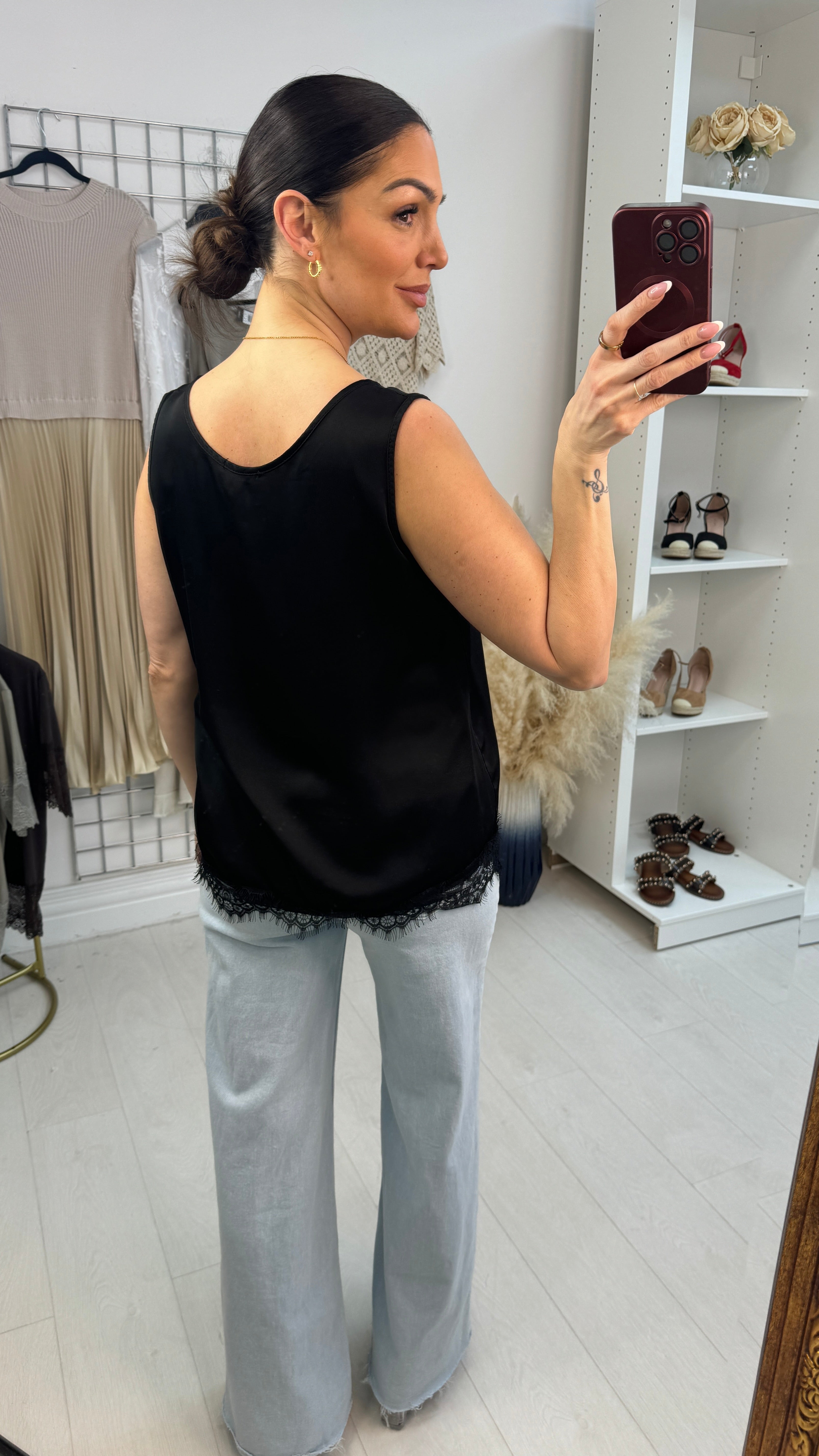 Alena Plain Lace Trim Satin Top