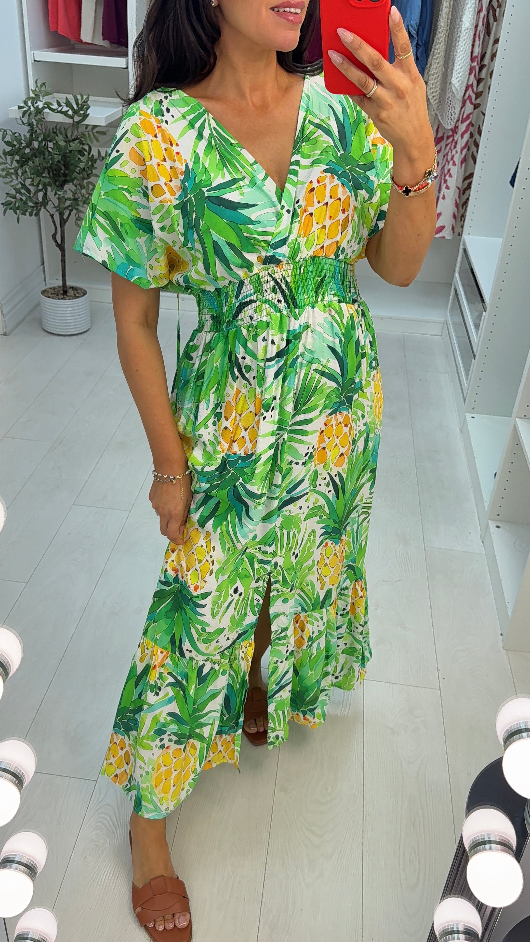 Bernise Pineapple Print Shirred Waist Maxi Dress