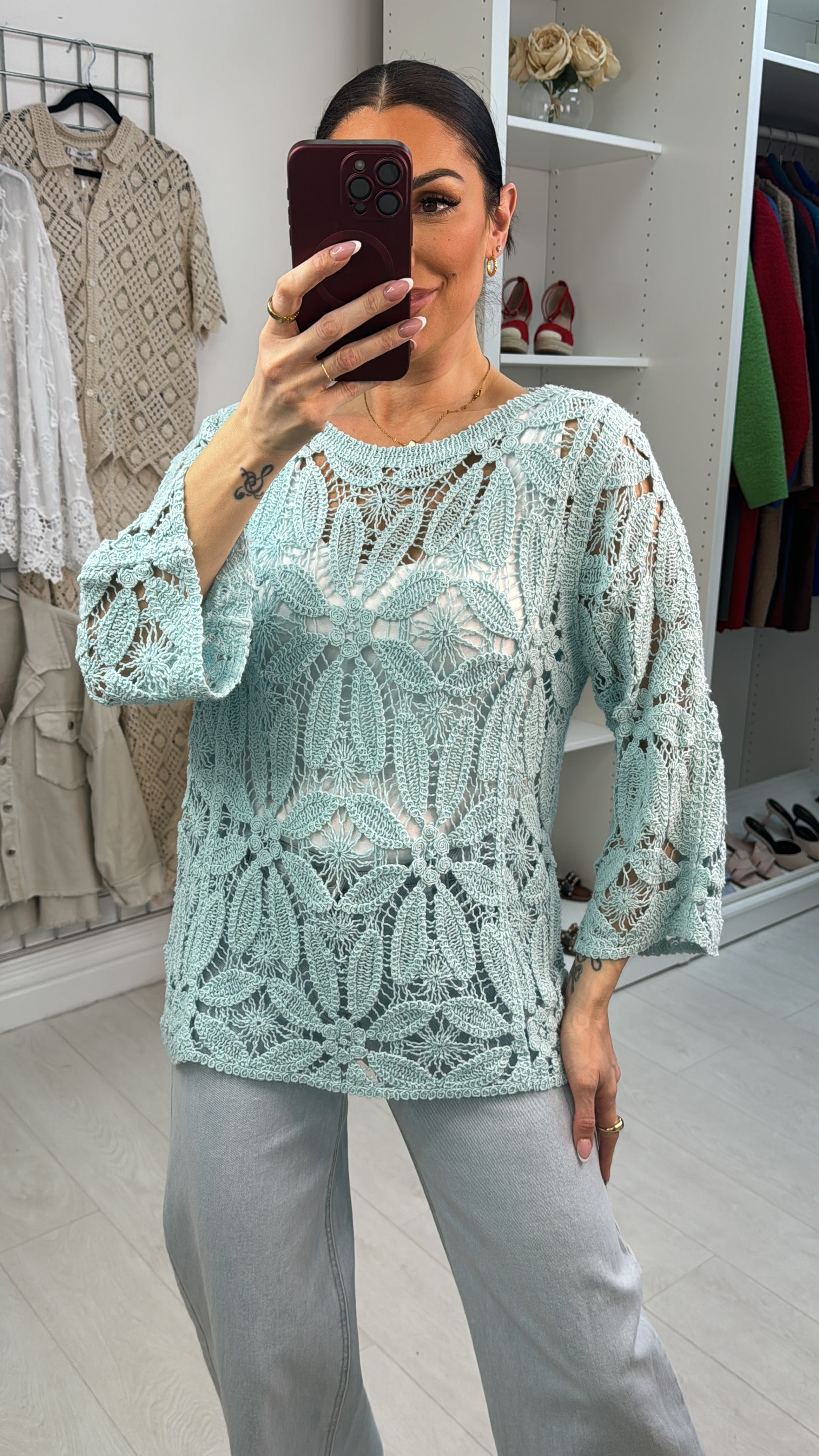 Rainey Crochet 3/4 Sleeve Top