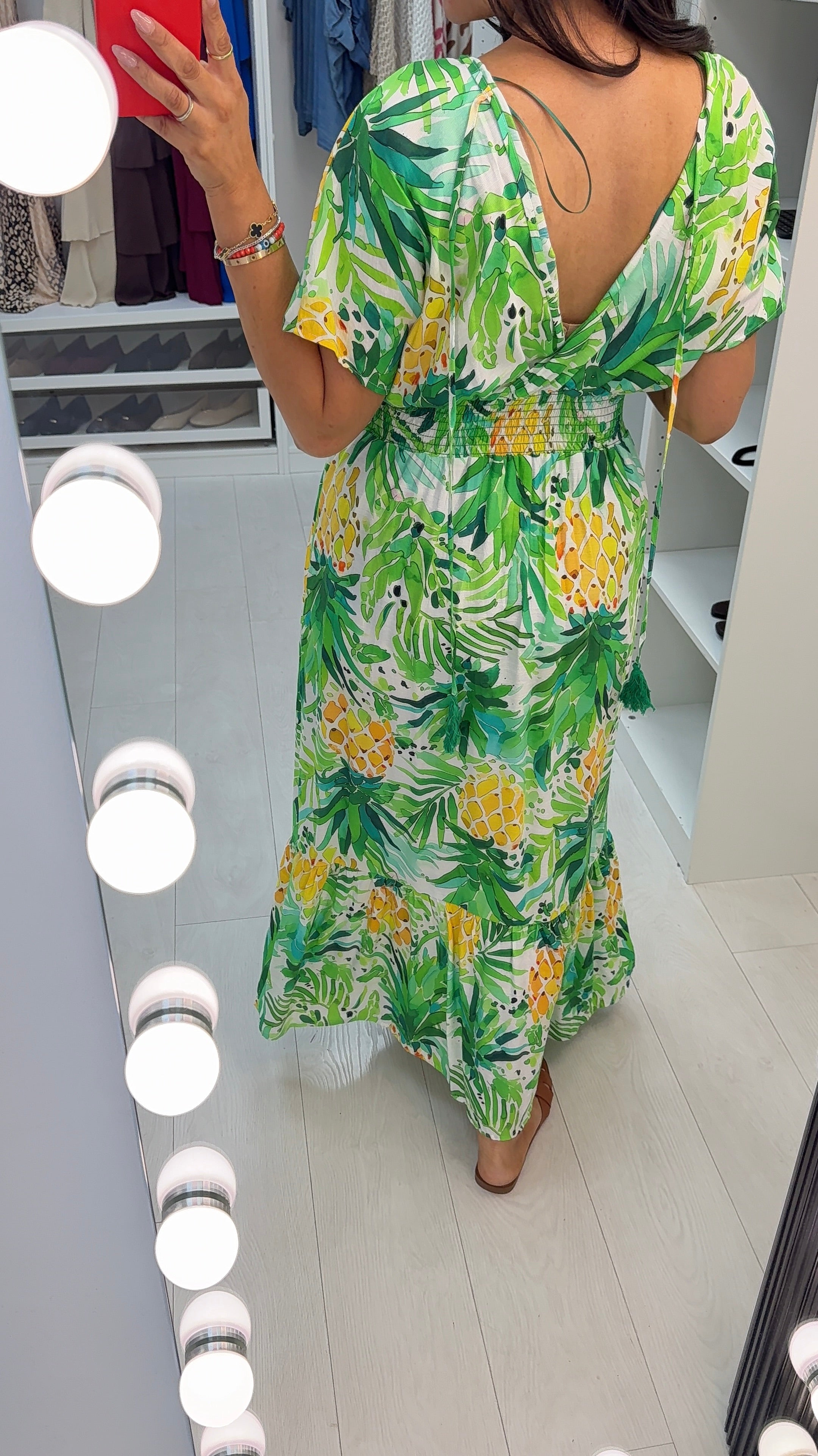 Bernise Pineapple Print Shirred Waist Maxi Dress