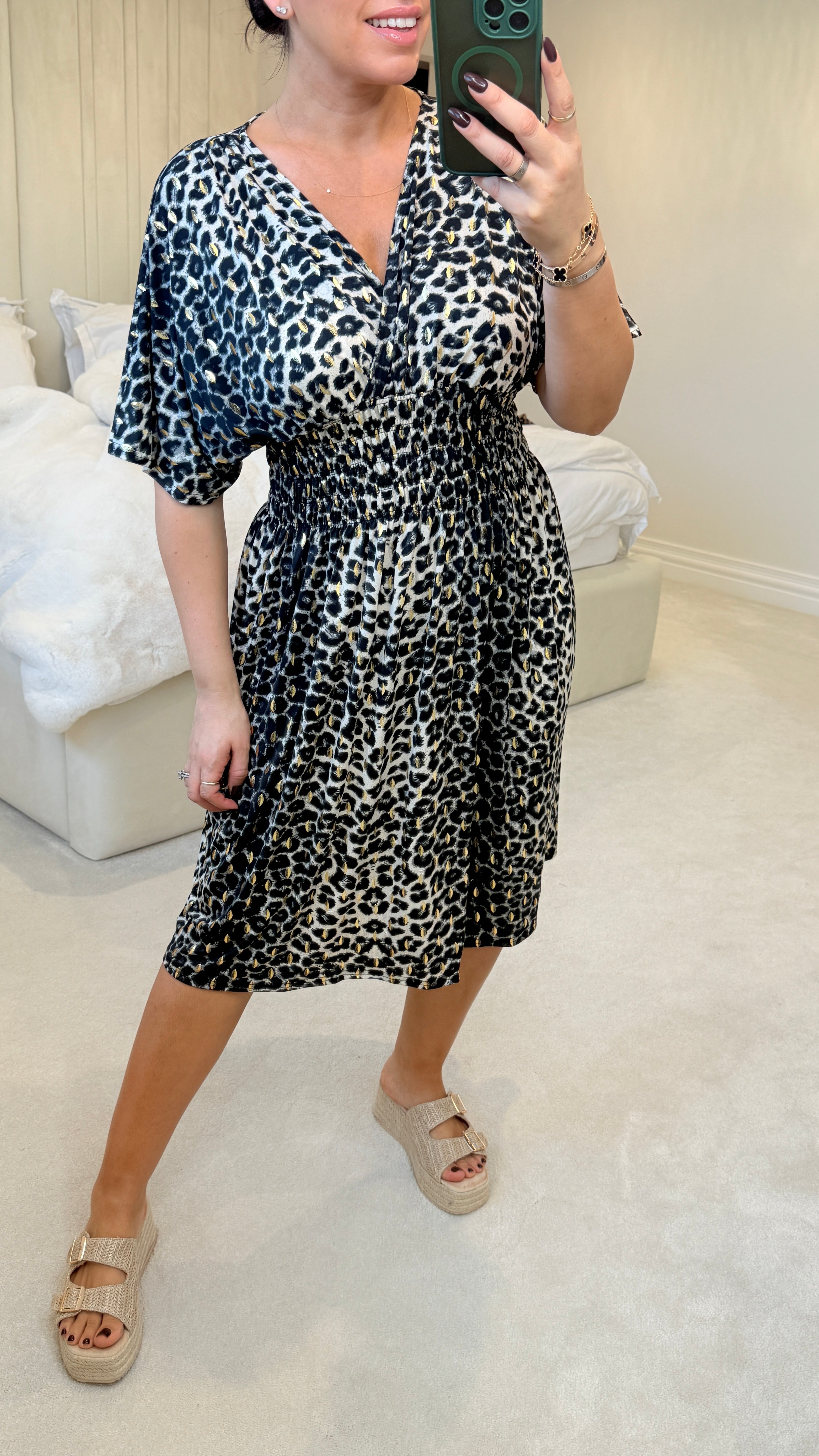 Kassandra Leopard Print Short Sleeve Magic Midi Dress
