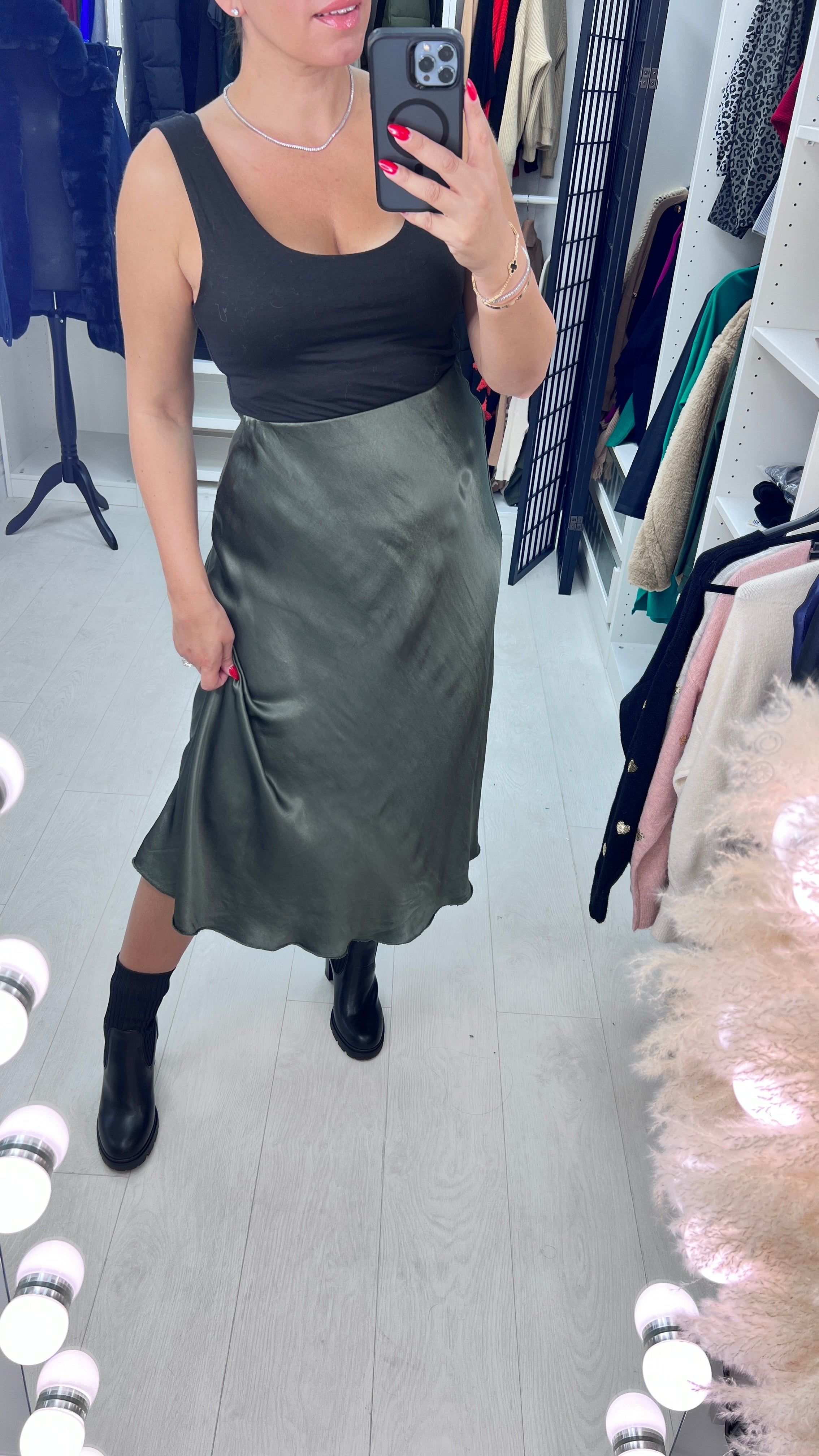 Drea Elasticated Waist Satin Midi Skirt