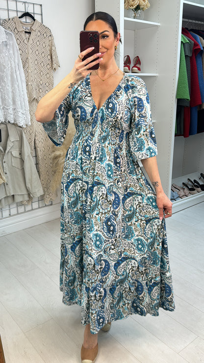 Sylvia Paisley Print Shirred Waist Magic Maxi Dress