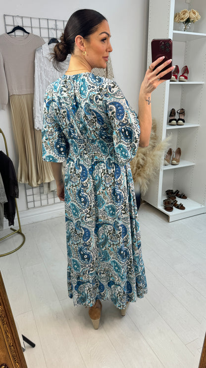 Sylvia Paisley Print Shirred Waist Magic Maxi Dress