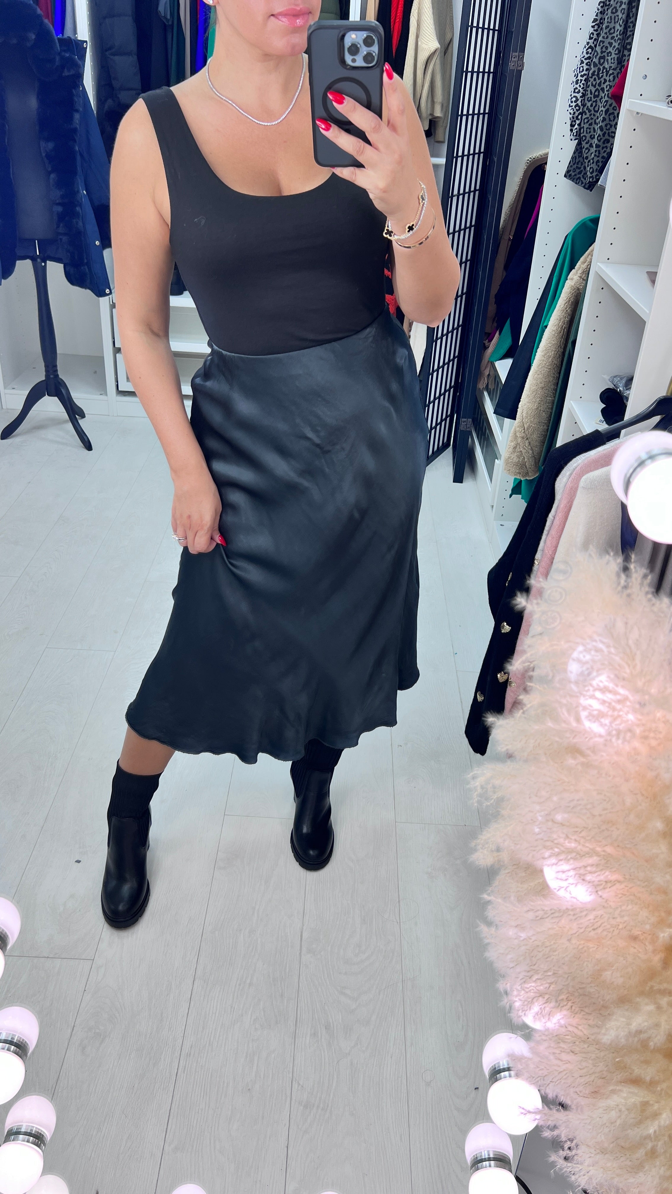 Drea Elasticated Waist Satin Midi Skirt