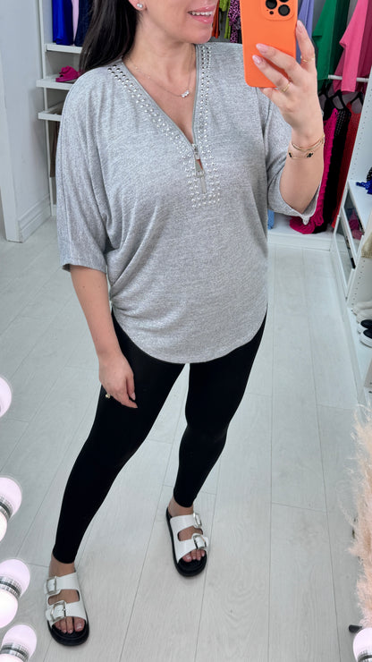 Nour Studded V-Neck Zip Front Top