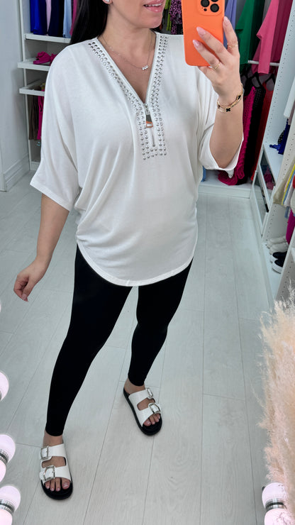 Nour Studded V-Neck Zip Front Top