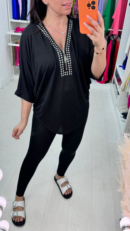 Nour Studded V-Neck Zip Front Top