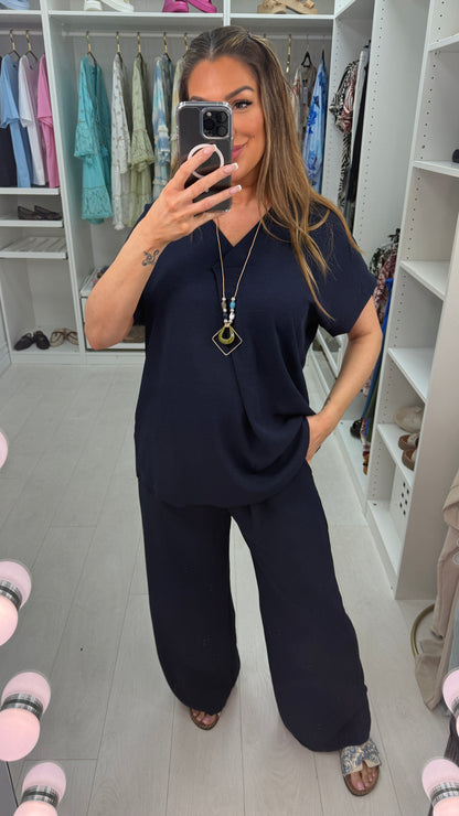 Latisha Plain V Neck Loose Fit Crepe Co-Ord Set