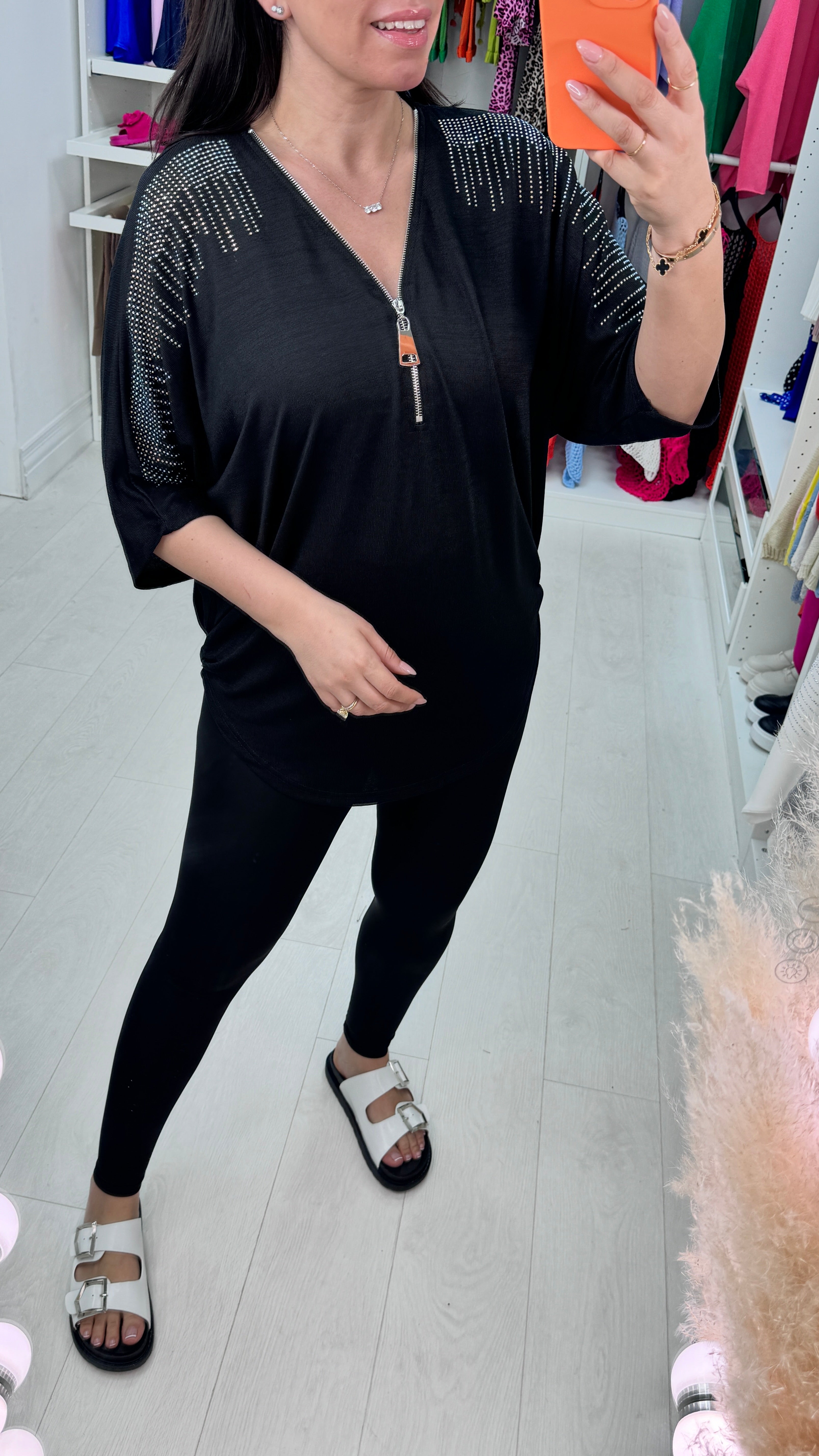 Belkis Diamante Shoulder Zip Detail Batwing Top