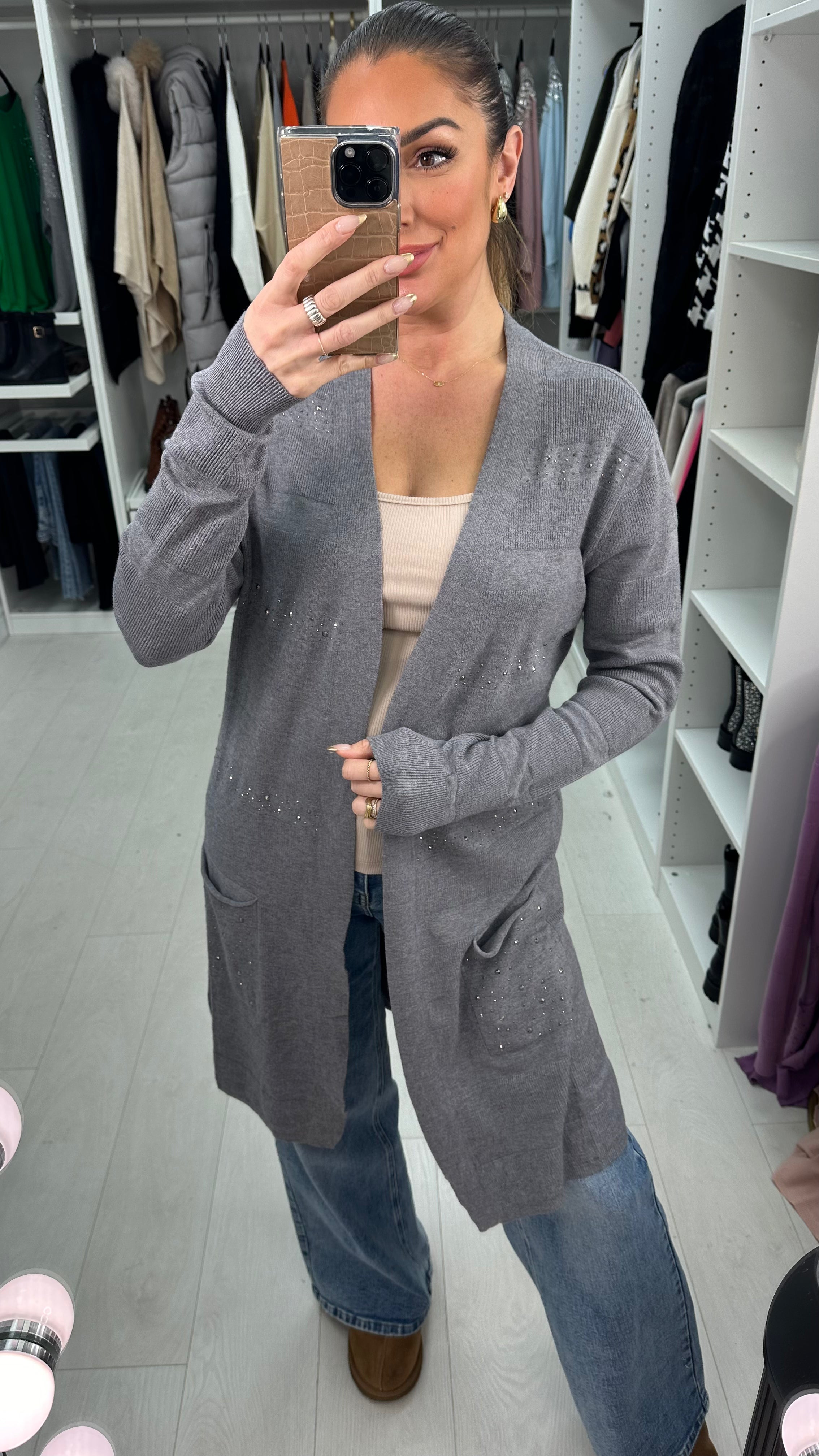 Moana Ribbed Embellished Detail Longline Cardigan