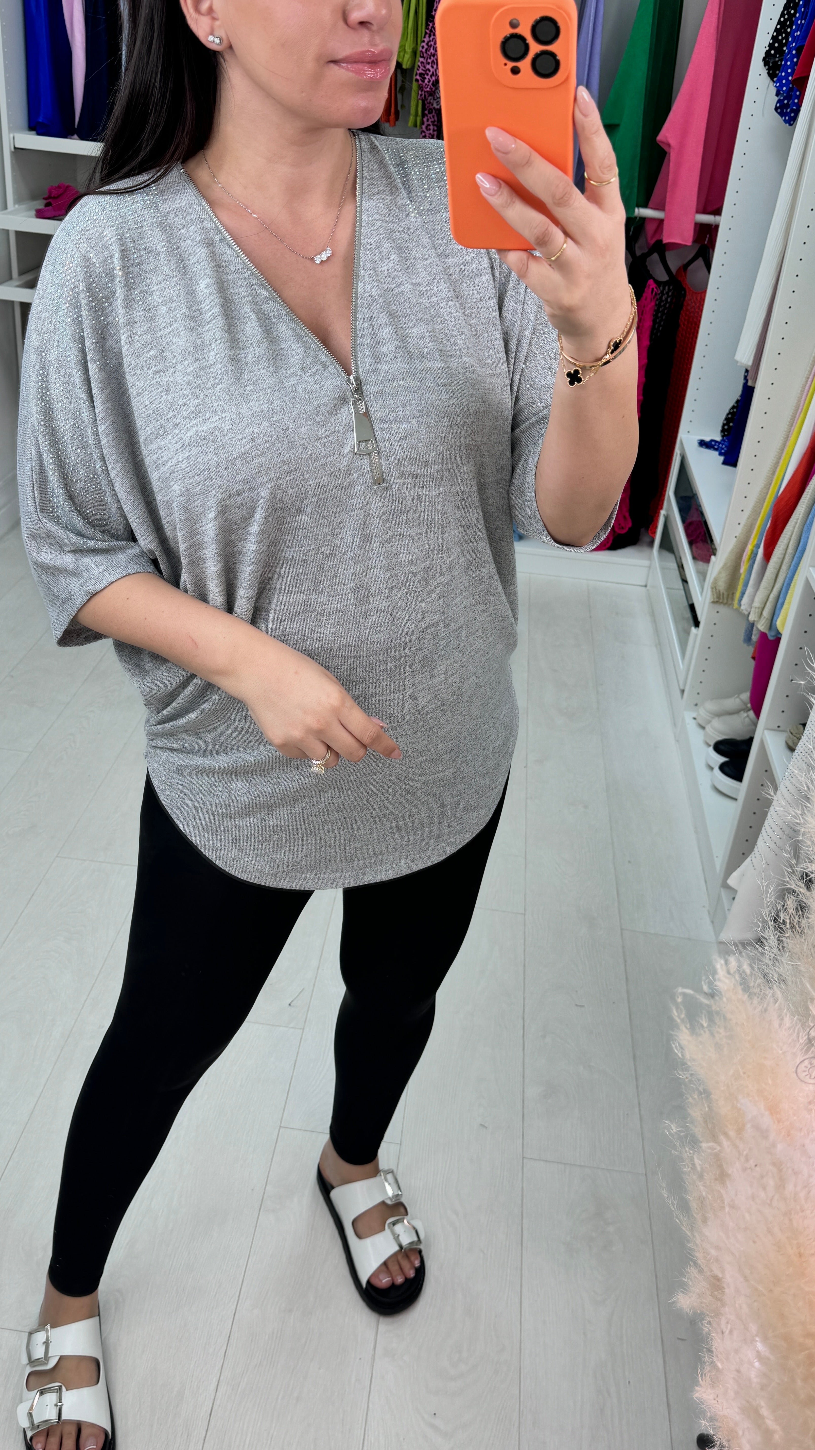 Belkis Diamante Shoulder Zip Detail Batwing Top