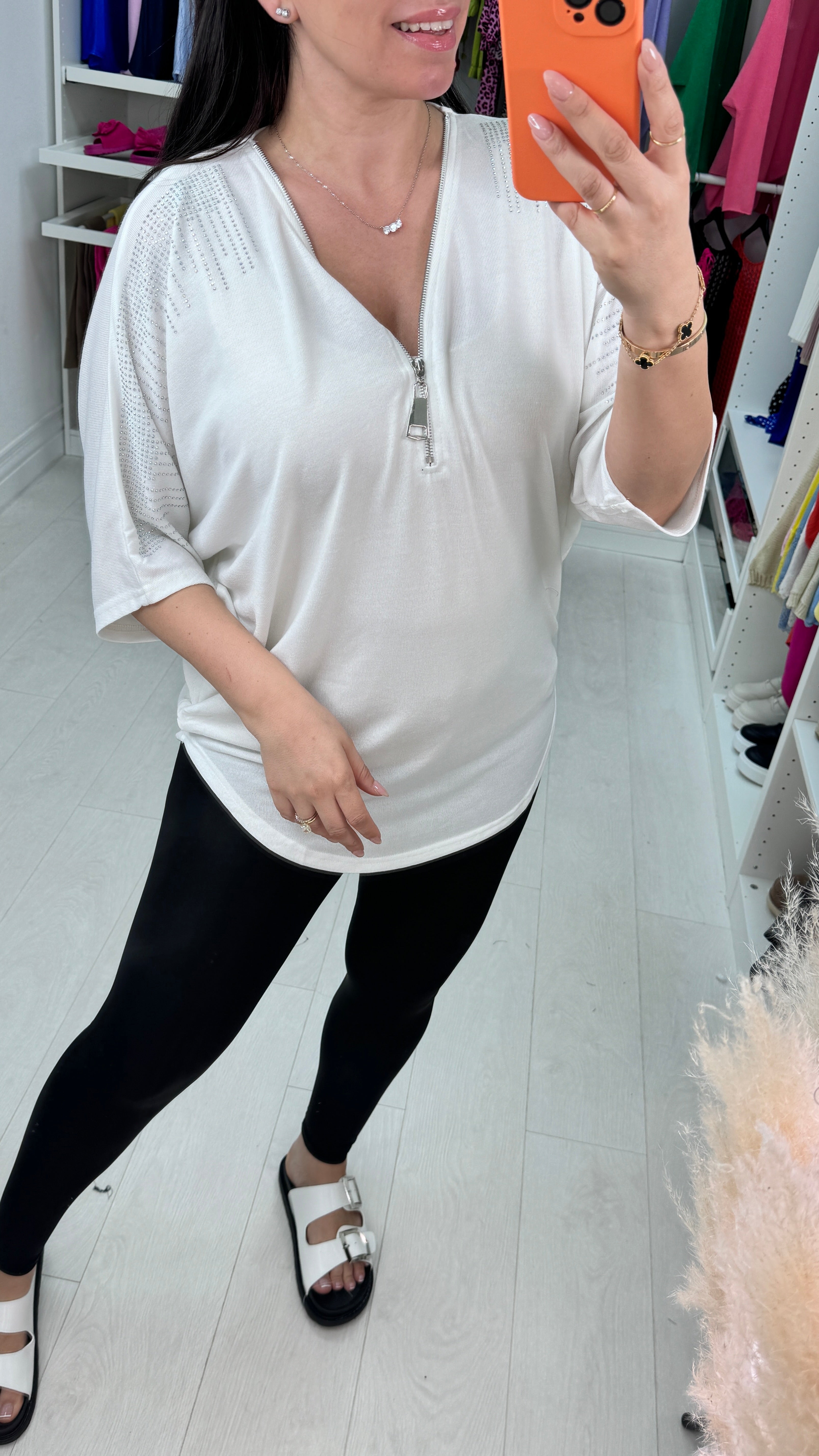 Belkis Diamante Shoulder Zip Detail Batwing Top