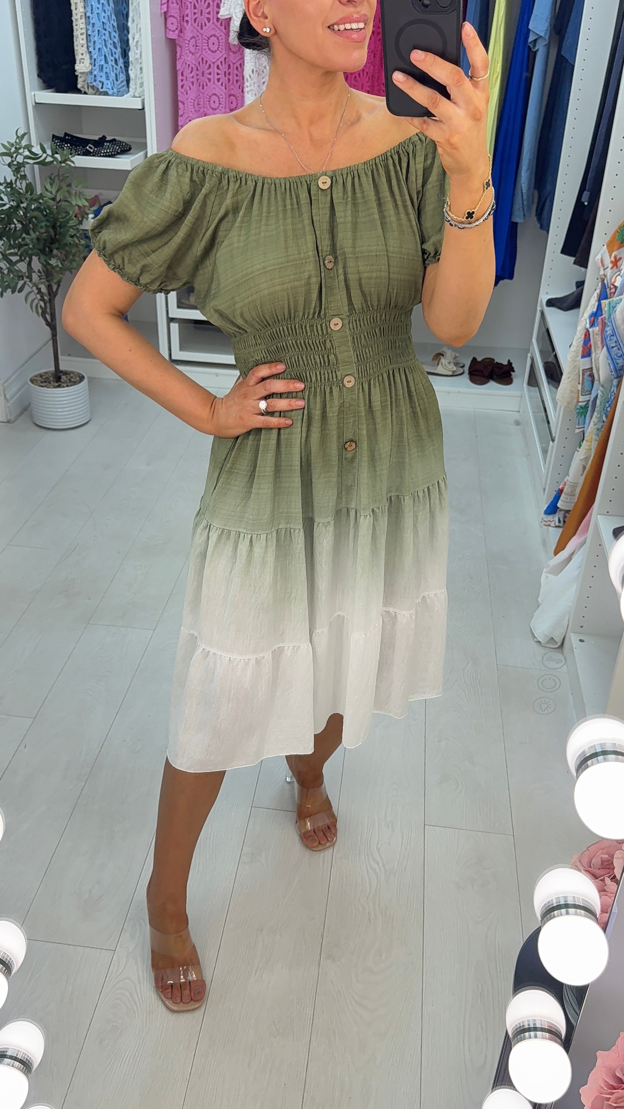 Lorna Button Detailed Shirred Waist Ombre Midi Dres