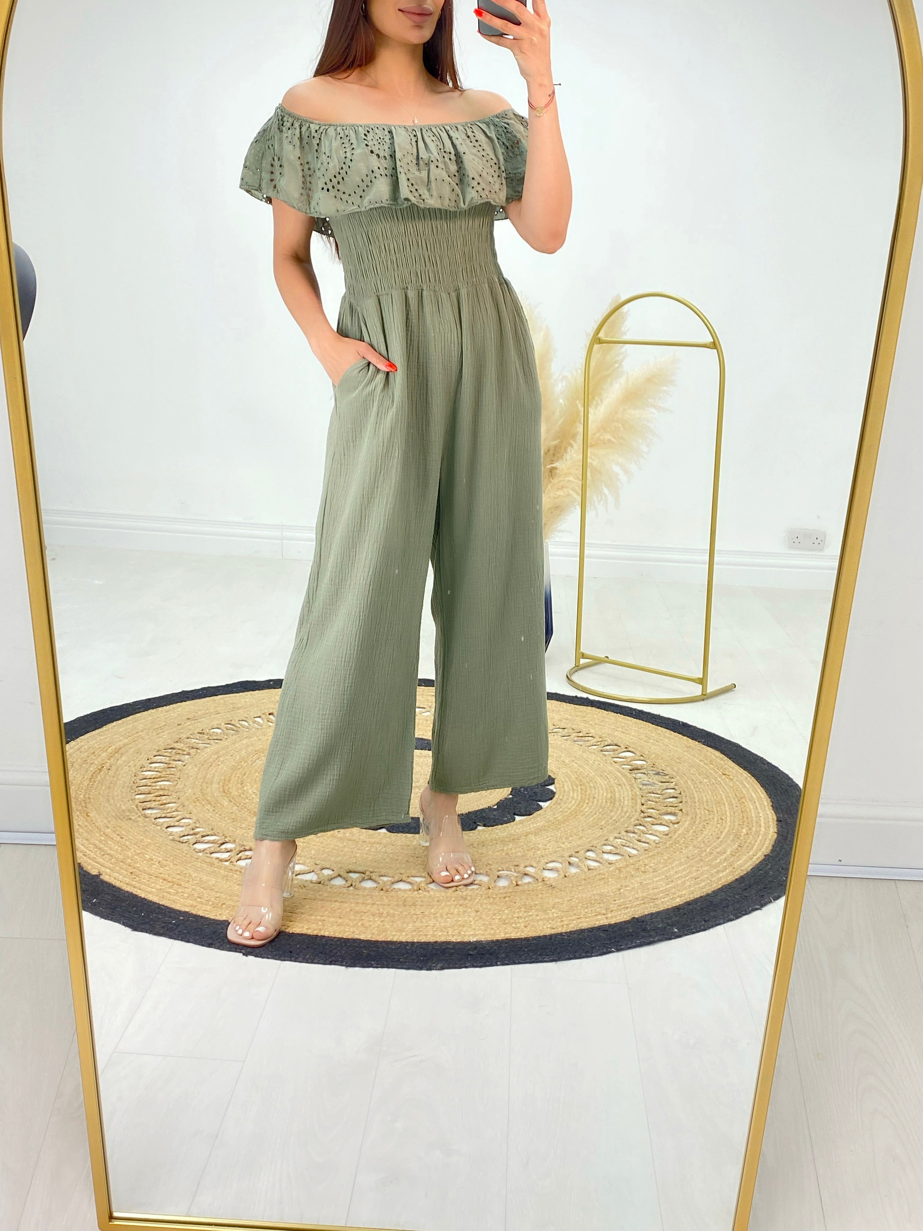 Priscilla Cheesecloth Broderie Frill Bardot Jumpsuit