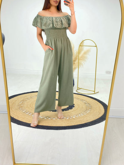 Priscilla Cheesecloth Broderie Frill Bardot Jumpsuit