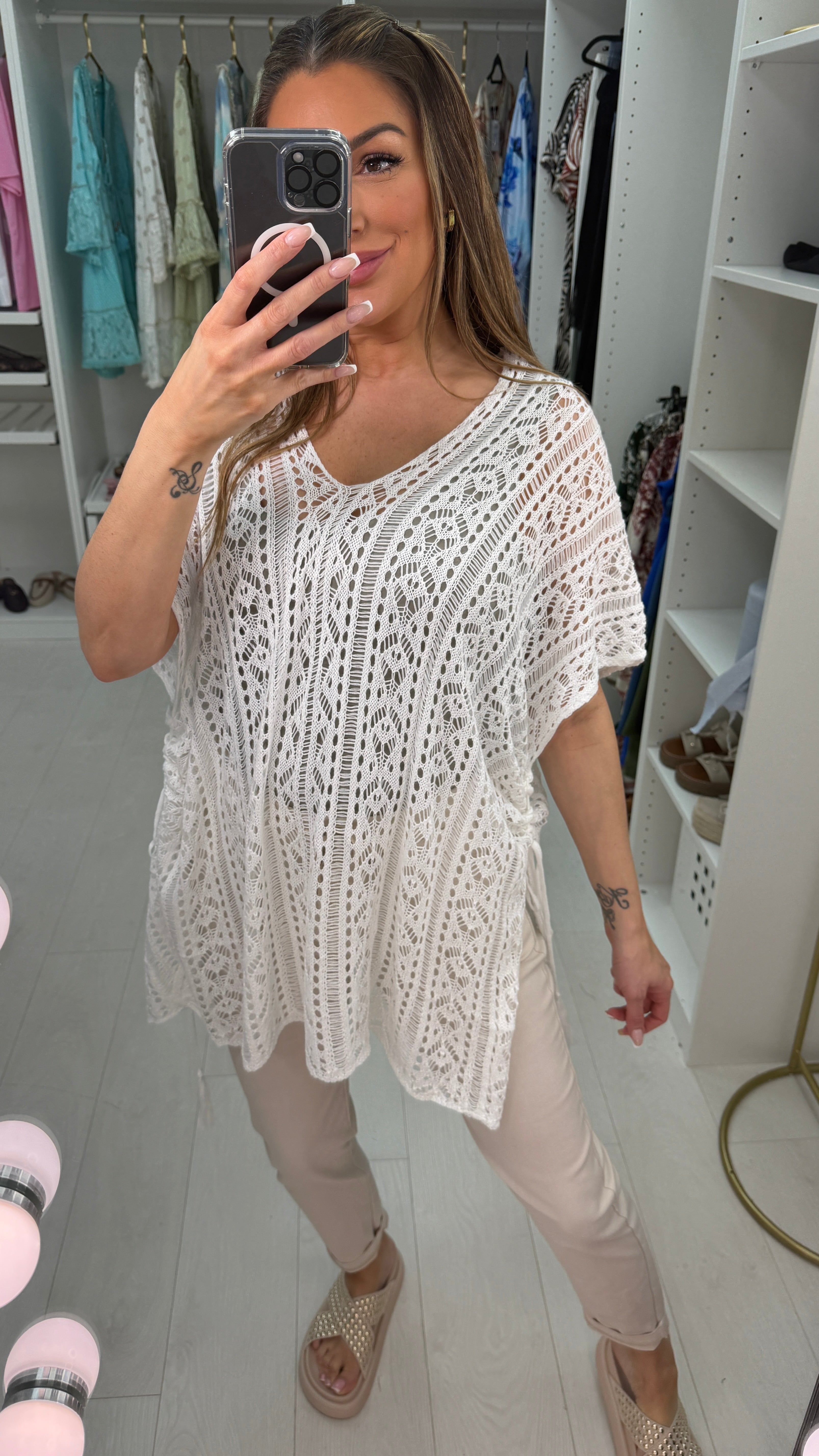 Omira V Neck Loose Fit Asymmetric Crochet Top