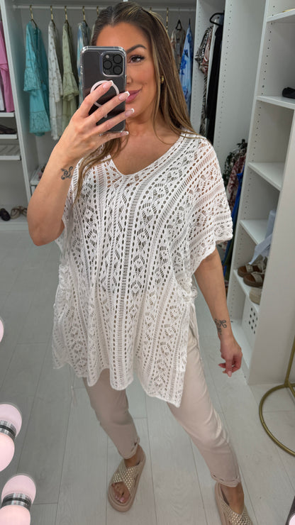 Omira V Neck Loose Fit Asymmetric Crochet Top