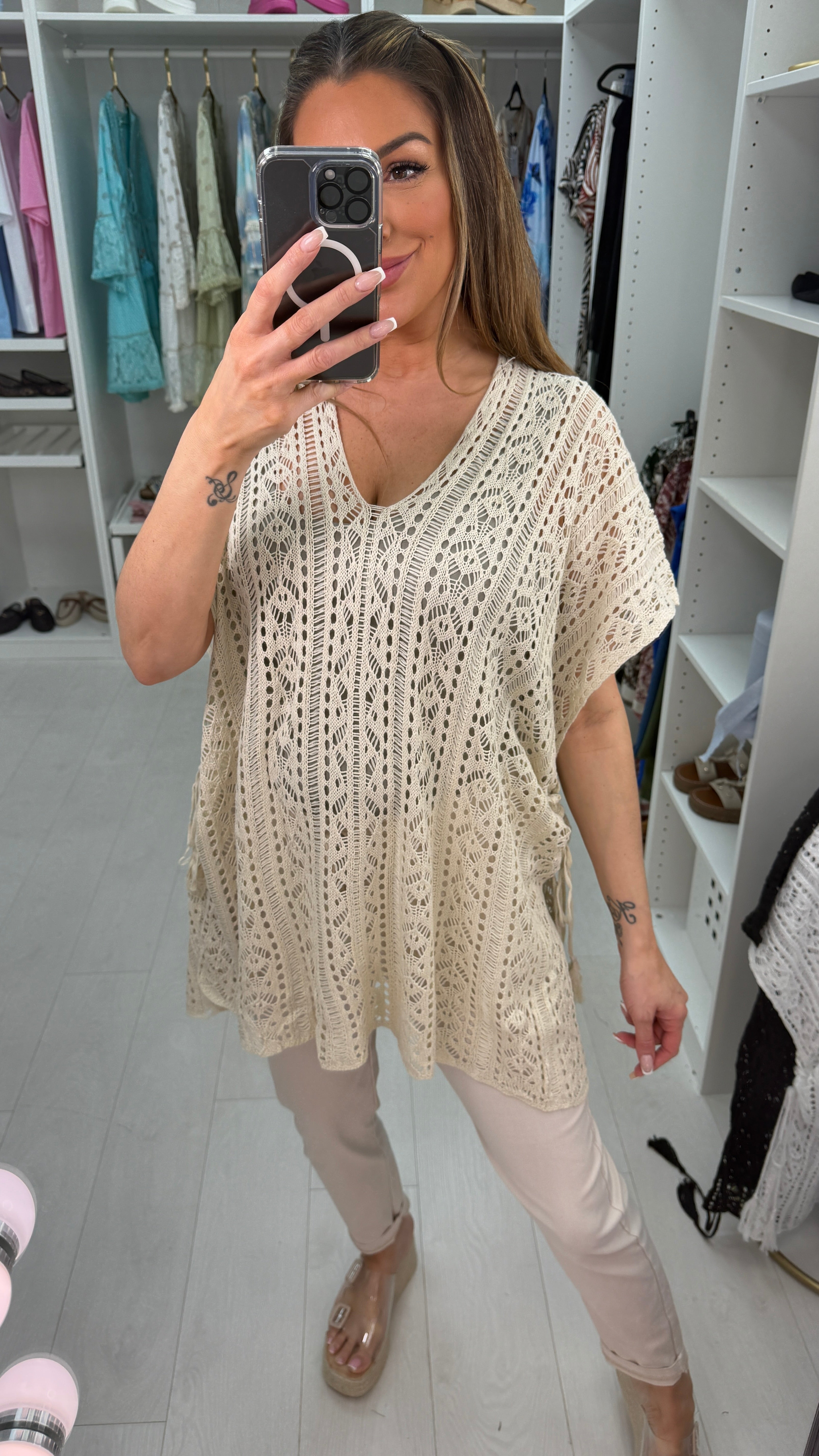 Omira V Neck Loose Fit Asymmetric Crochet Top