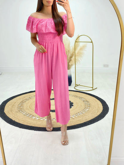 Priscilla Cheesecloth Broderie Frill Bardot Jumpsuit
