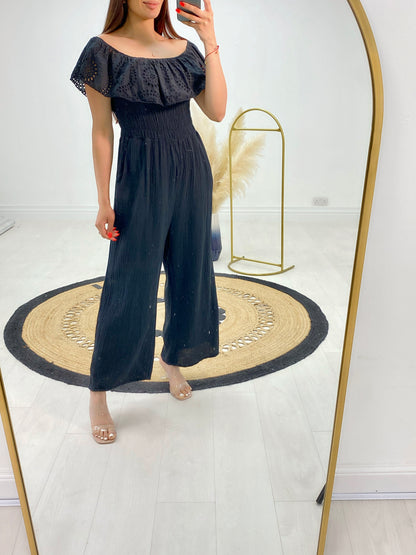 Priscilla Cheesecloth Broderie Frill Bardot Jumpsuit