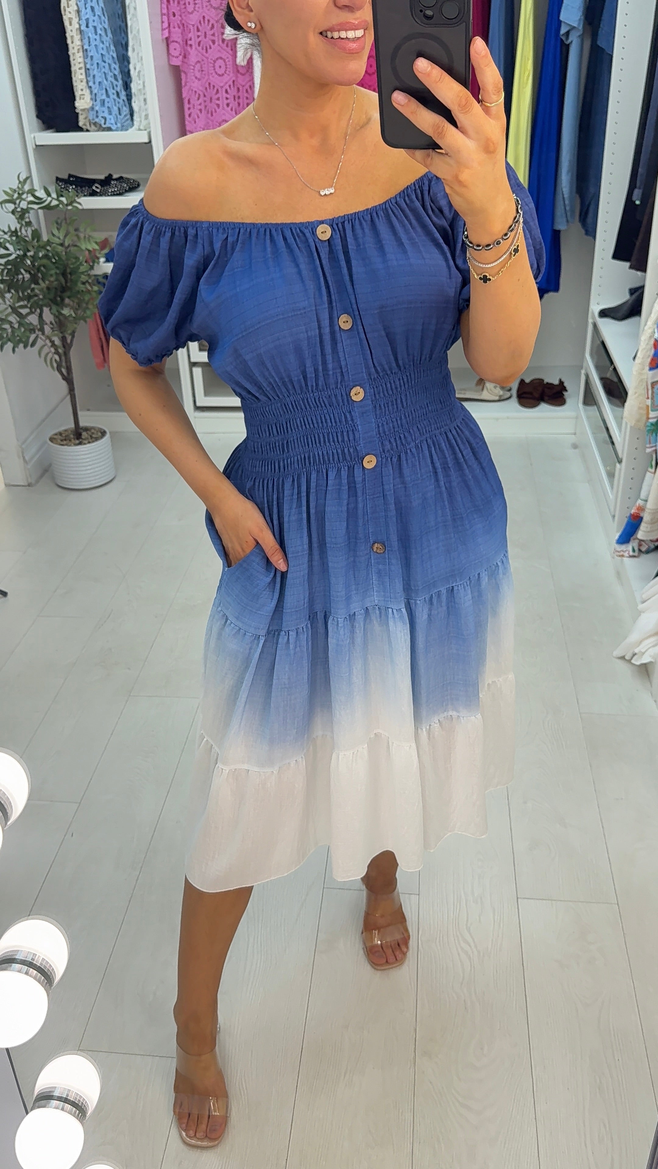 Lorna Button Detailed Shirred Waist Ombre Midi Dres