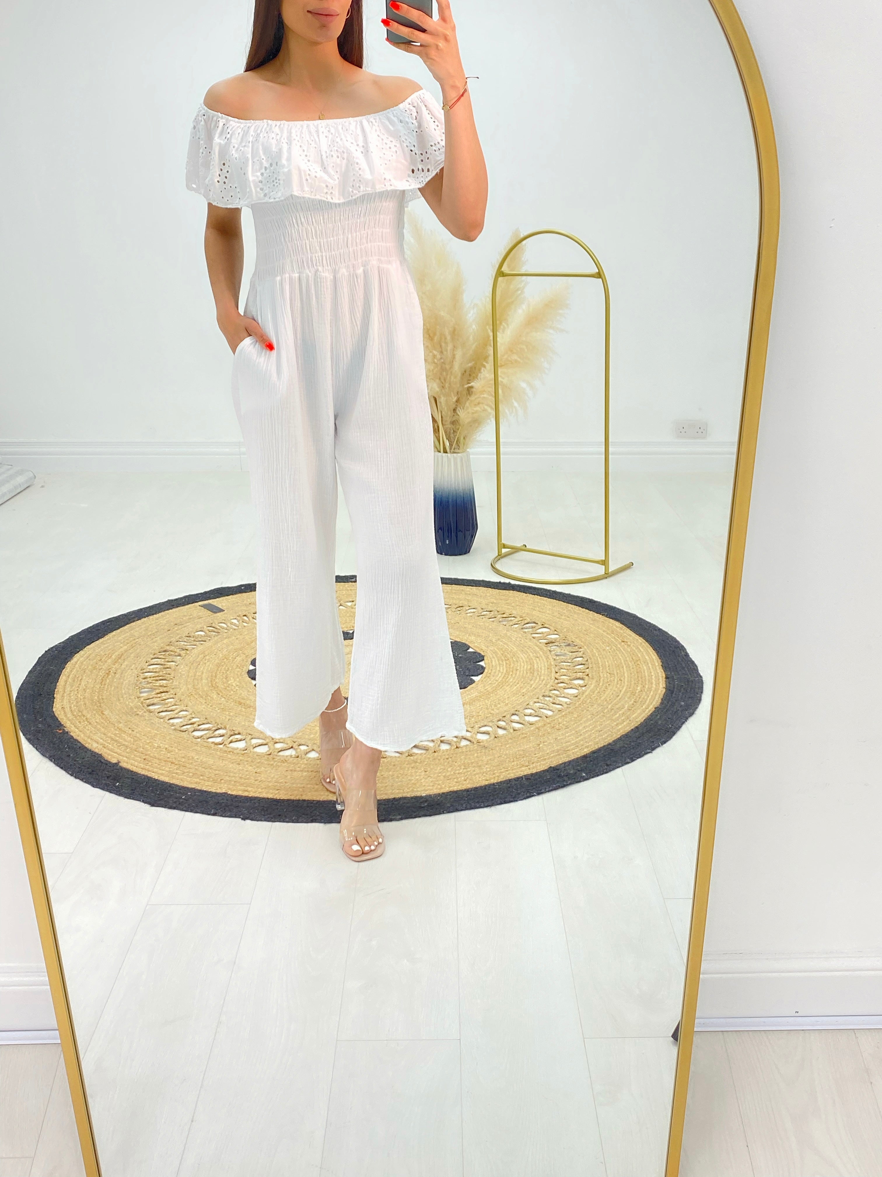 Priscilla Cheesecloth Broderie Frill Bardot Jumpsuit