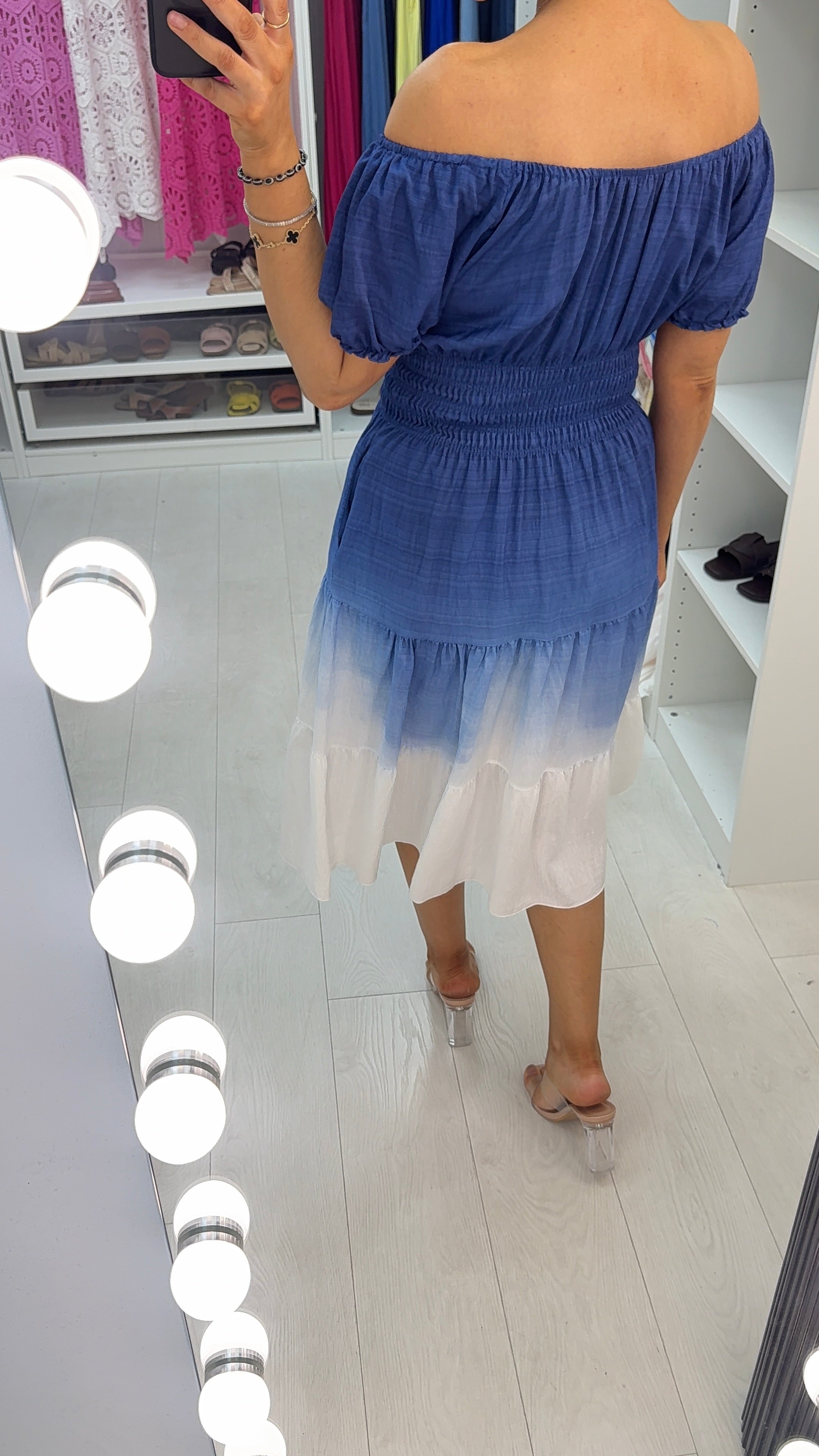 Lorna Button Detailed Shirred Waist Ombre Midi Dres