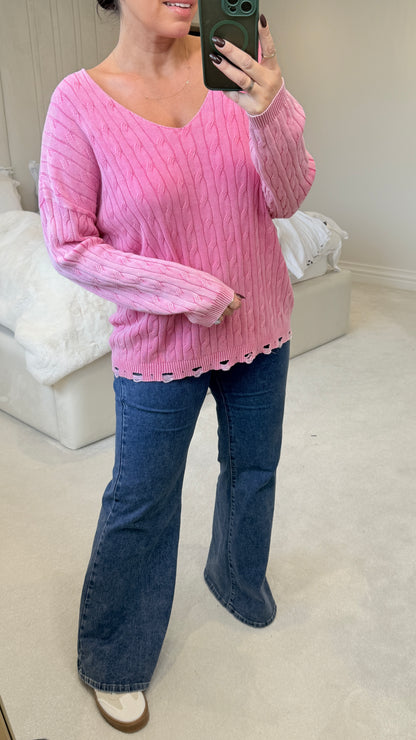 Alice Plain V Neck Cable Knit Jumper