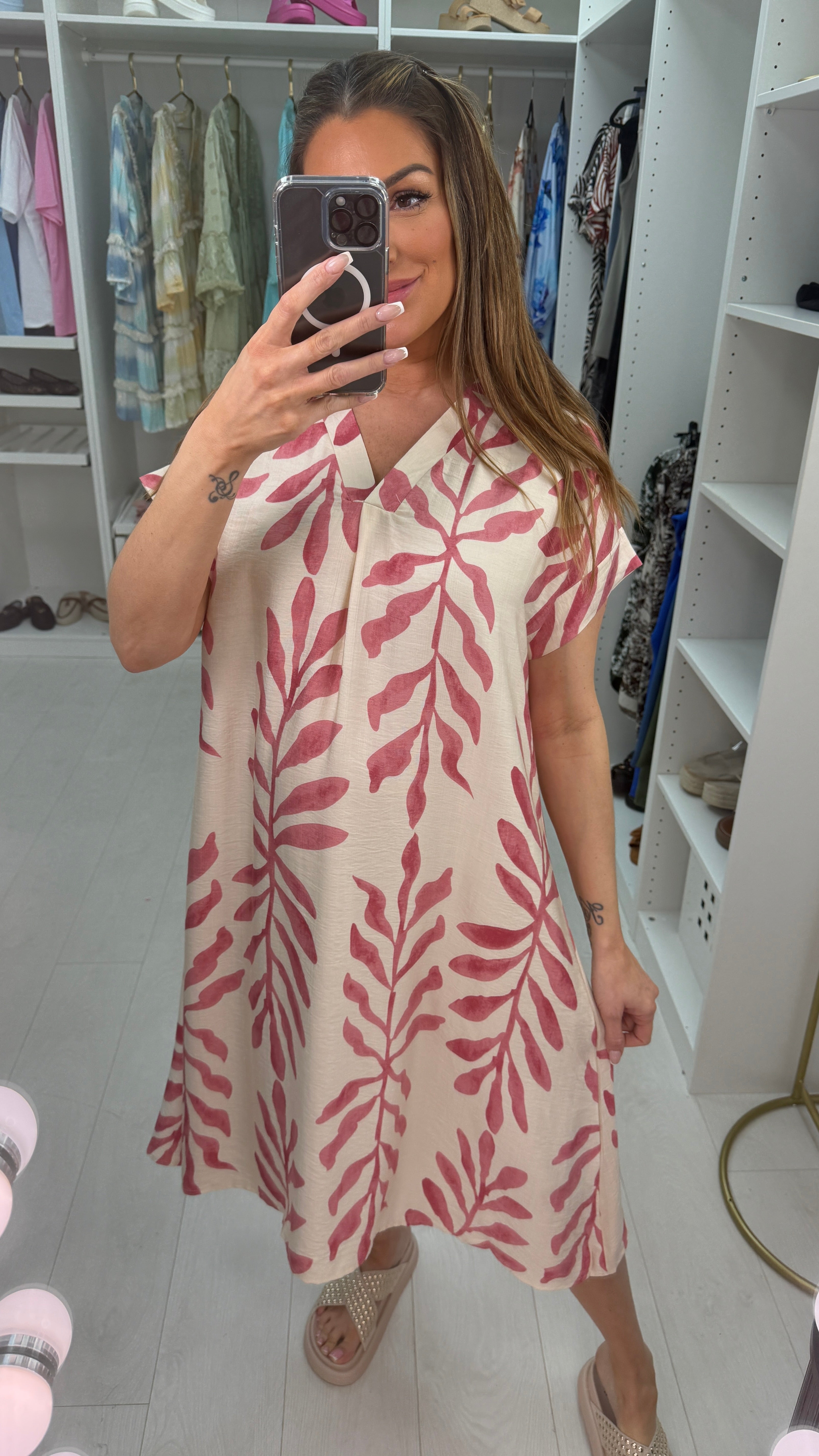Hera Leaf Print V Neck Loose Fit Dress