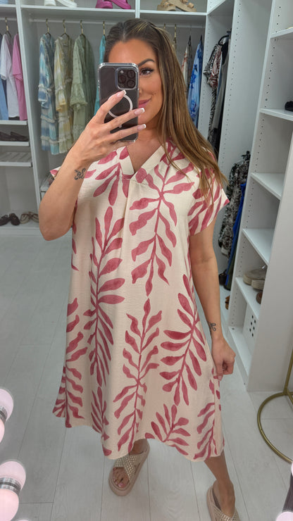 Hera Leaf Print V Neck Loose Fit Dress