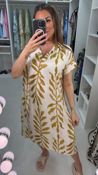 Hera Leaf Print V Neck Loose Fit Dress