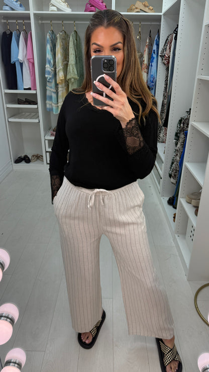 Rosie Striped Elasticated Waist Wide Leg Linen Trousers