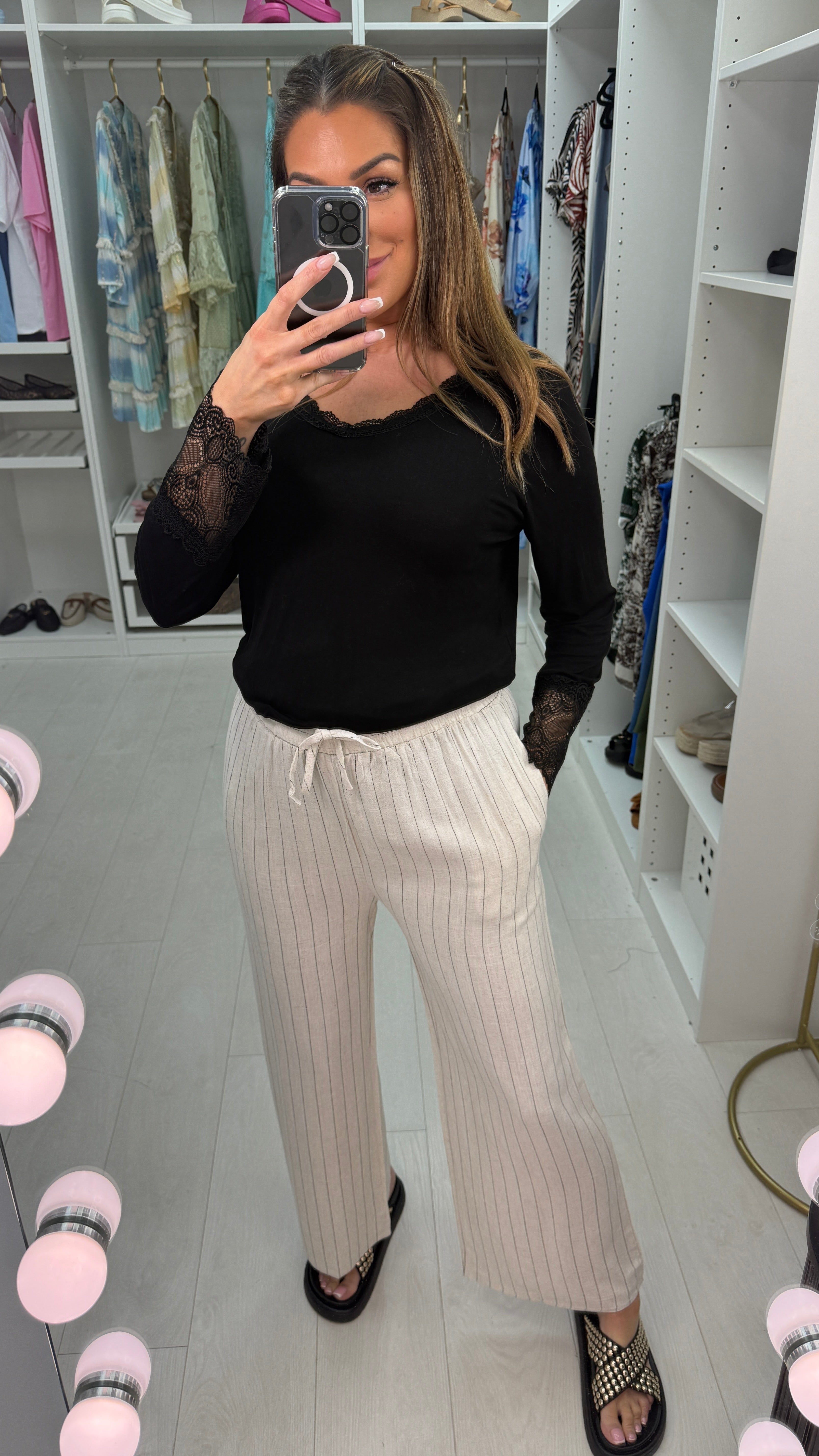 Rosie Striped Elasticated Waist Wide Leg Linen Trousers