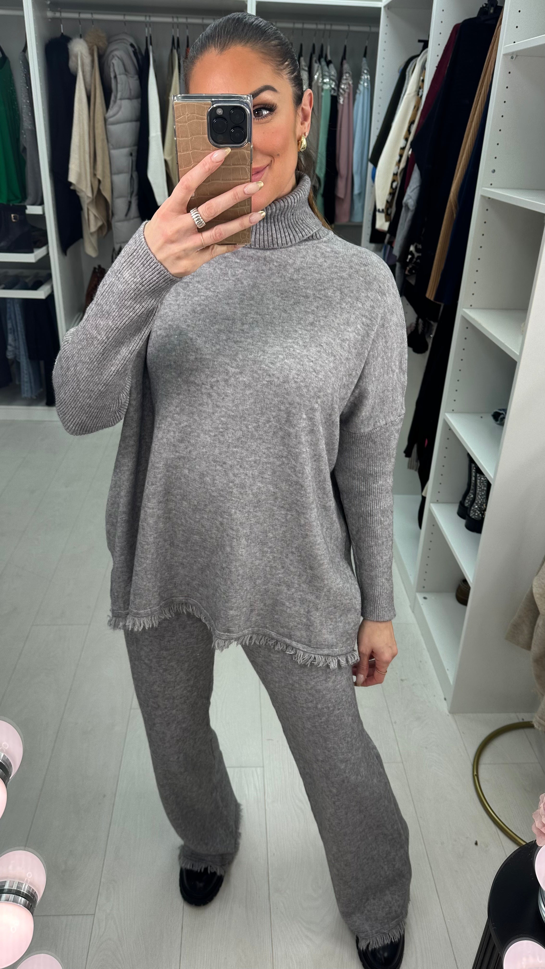 Fernanda Plain Fringe Detail Roll Neck Loungewear Set