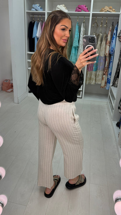 Rosie Striped Elasticated Waist Wide Leg Linen Trousers