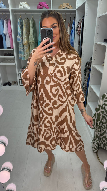 Illianna Abstract Print Frill Hem Smock Dress
