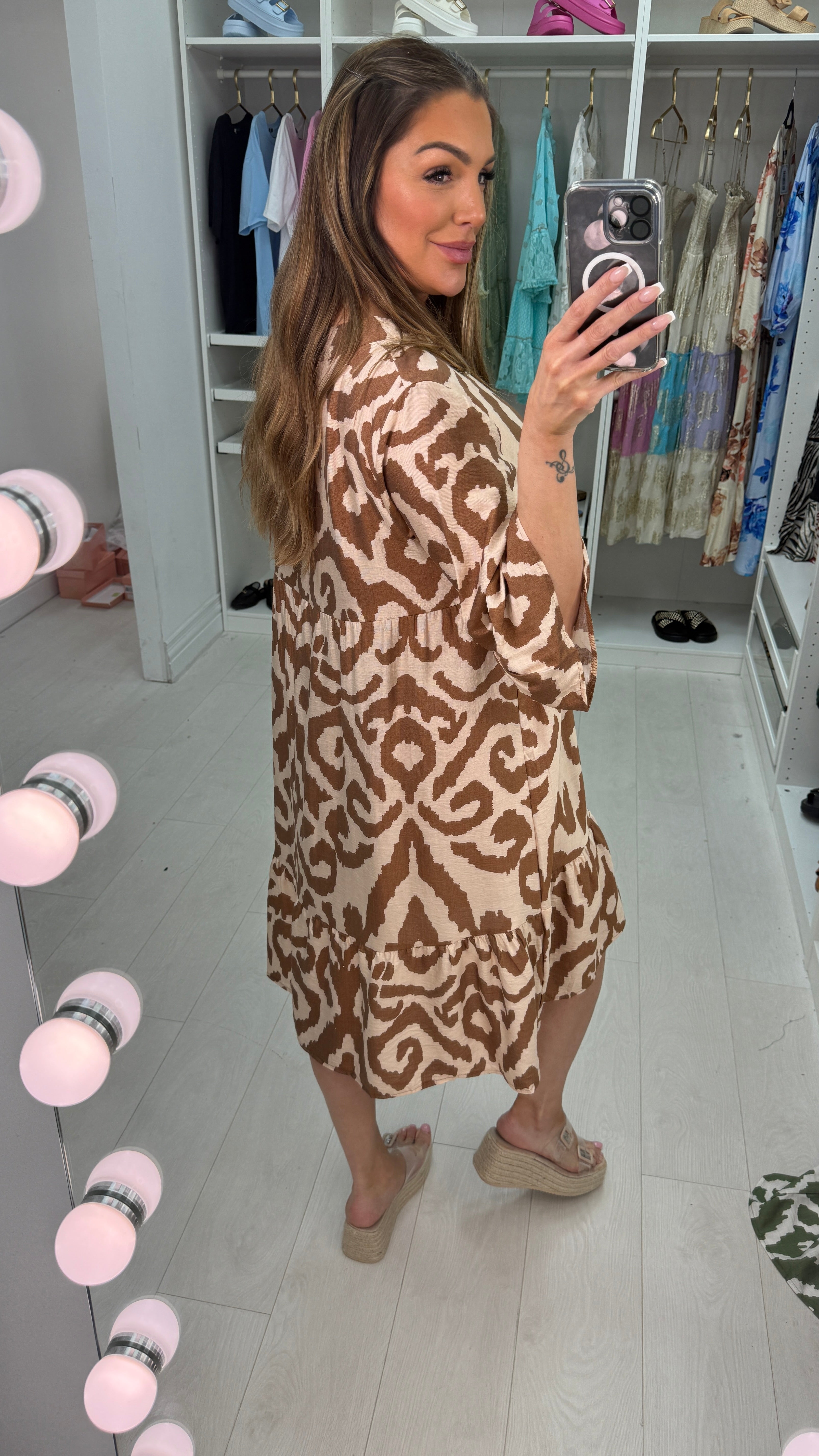 Illianna Abstract Print Frill Hem Smock Dress