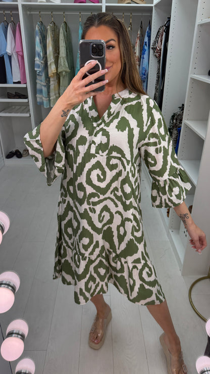 Illianna Abstract Print Frill Hem Smock Dress