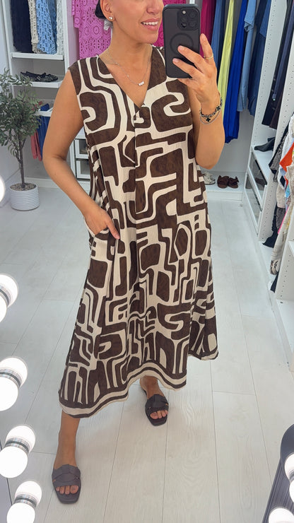 Loula Abstract V Neck Loose Fit Maxi Dress