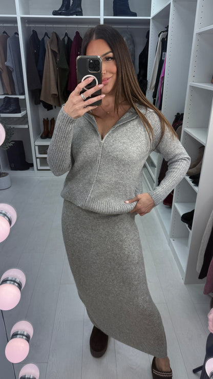 Tarissa Plain Ribbed Zip Front Skirt Co-Ord Set