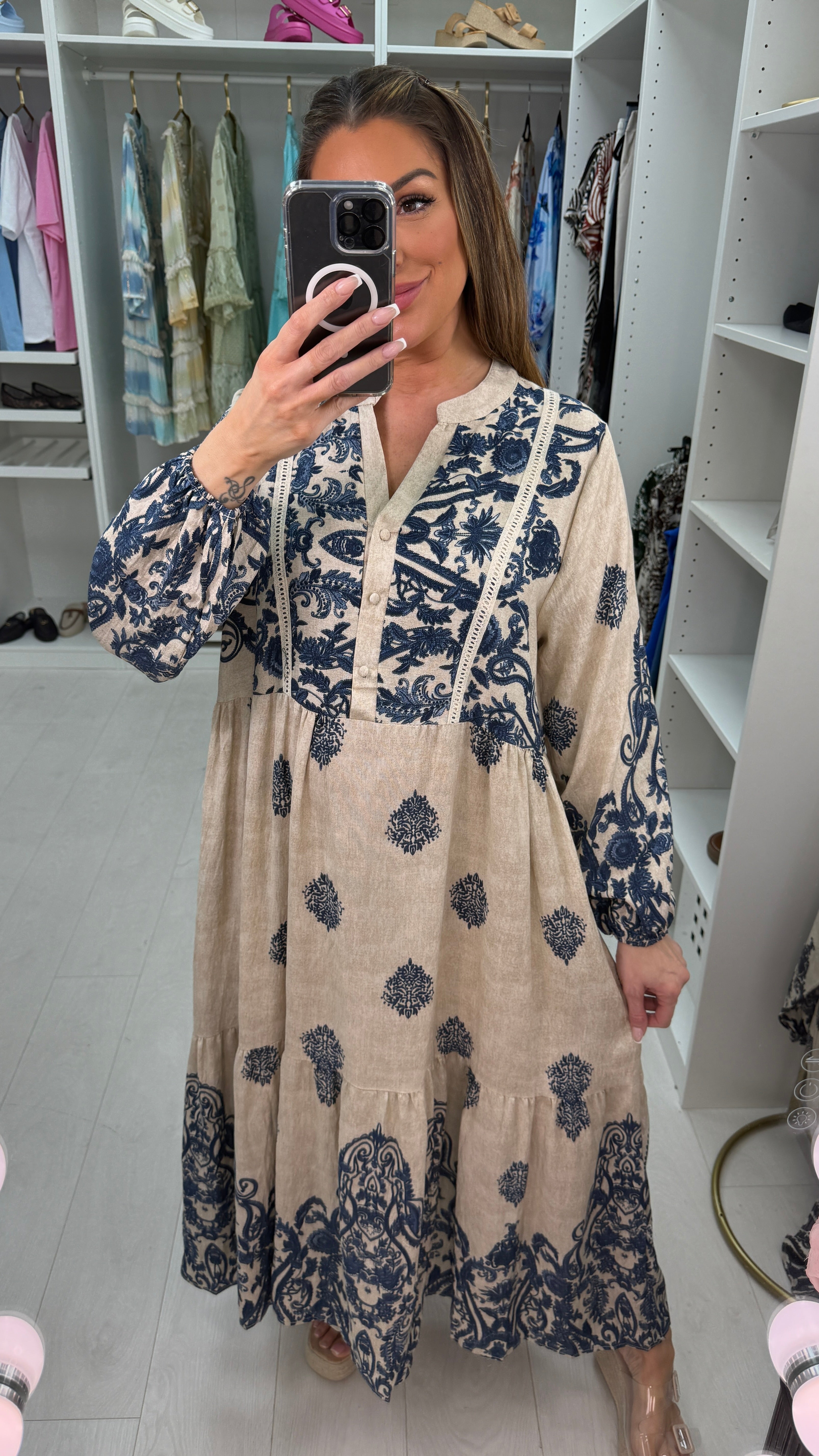 Jaycee Paisley Print V Neck Loose Fit Smock Dress