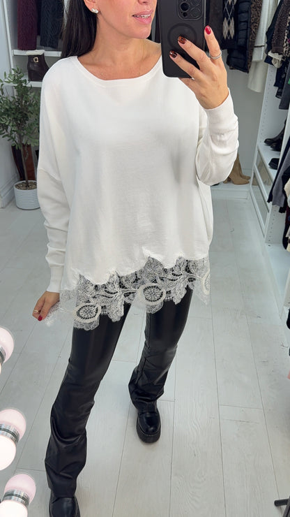 Daisy Embellished Lace Hem Loose Fit Jumper
