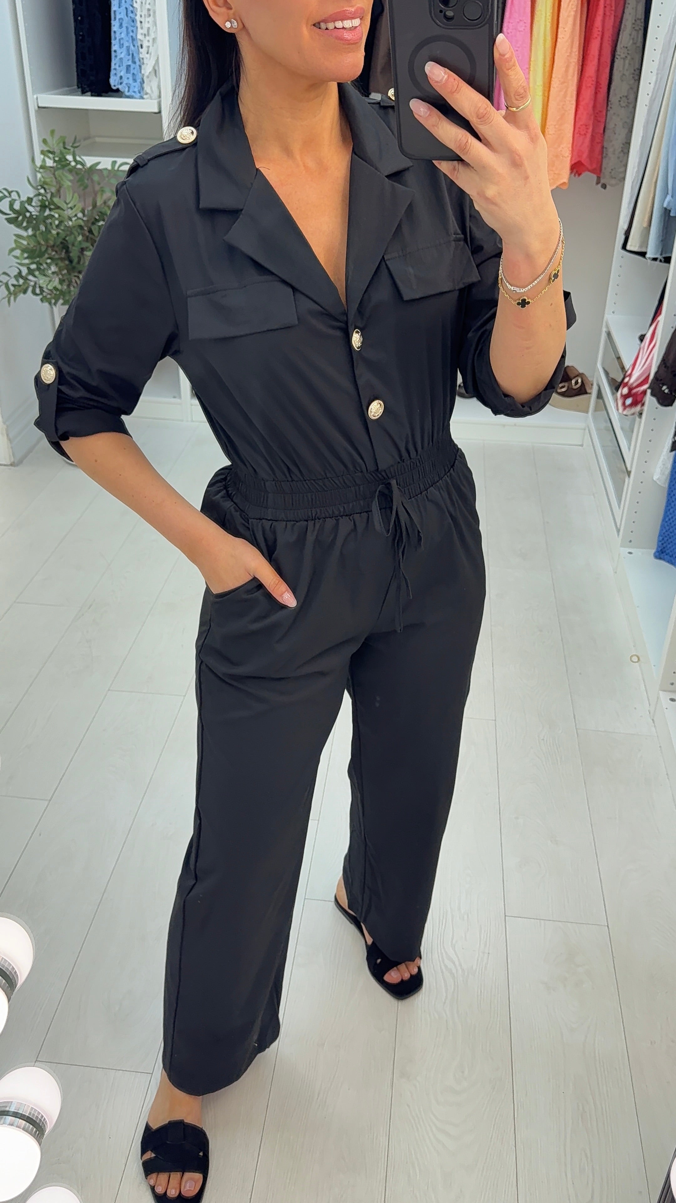 Galaxy Plain 3/4 Sleeve Shirred Waist Jumpsuit