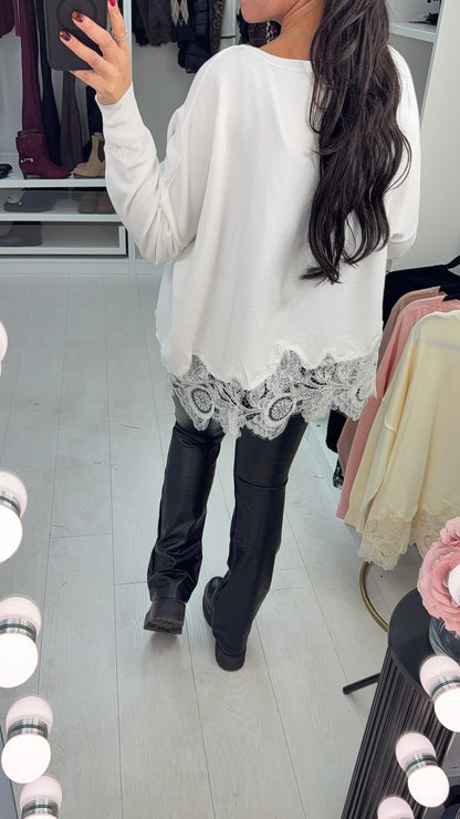 Daisy Embellished Lace Hem Loose Fit Jumper