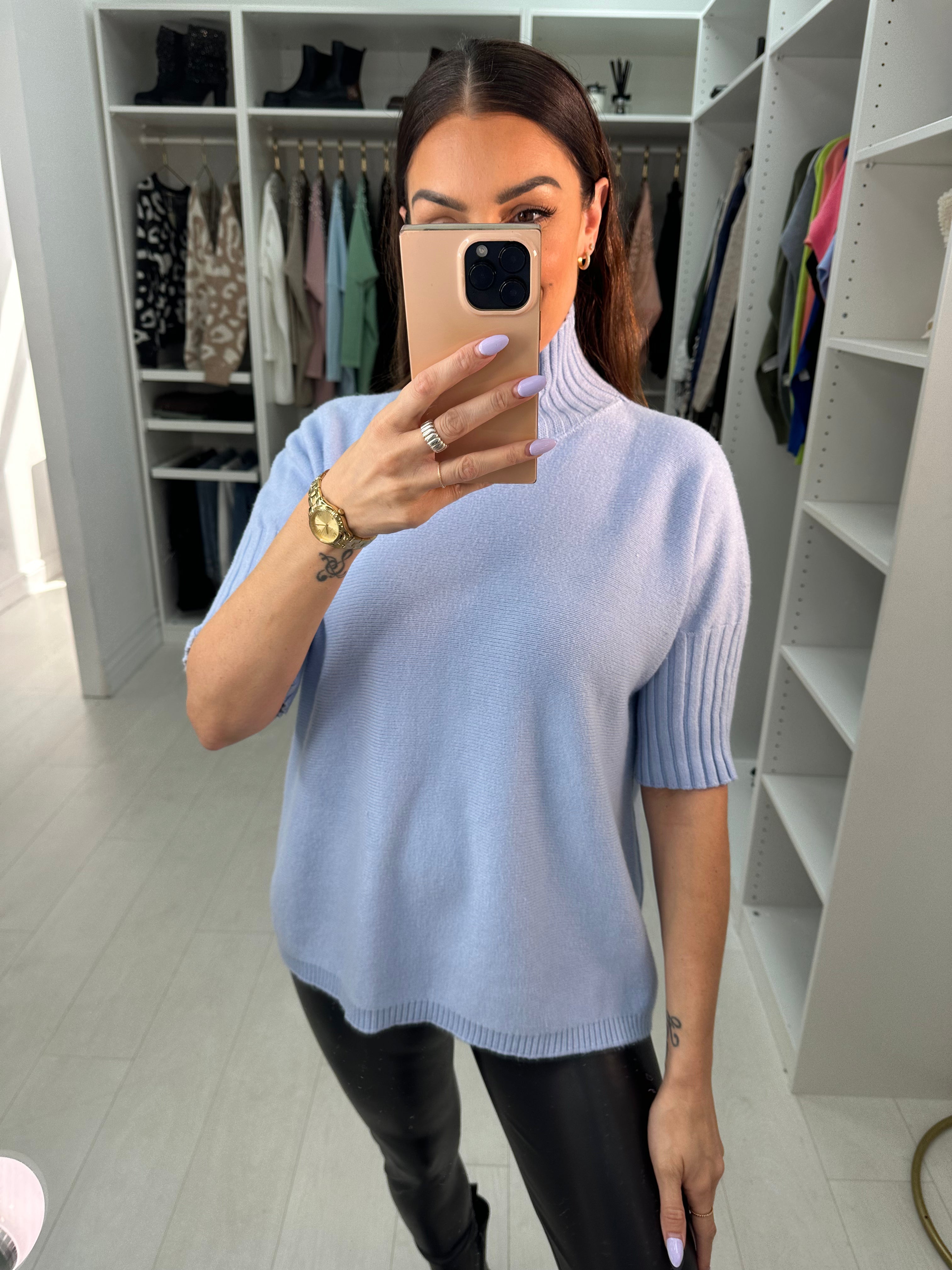 Violet Short Sleeve High Neck Jumper