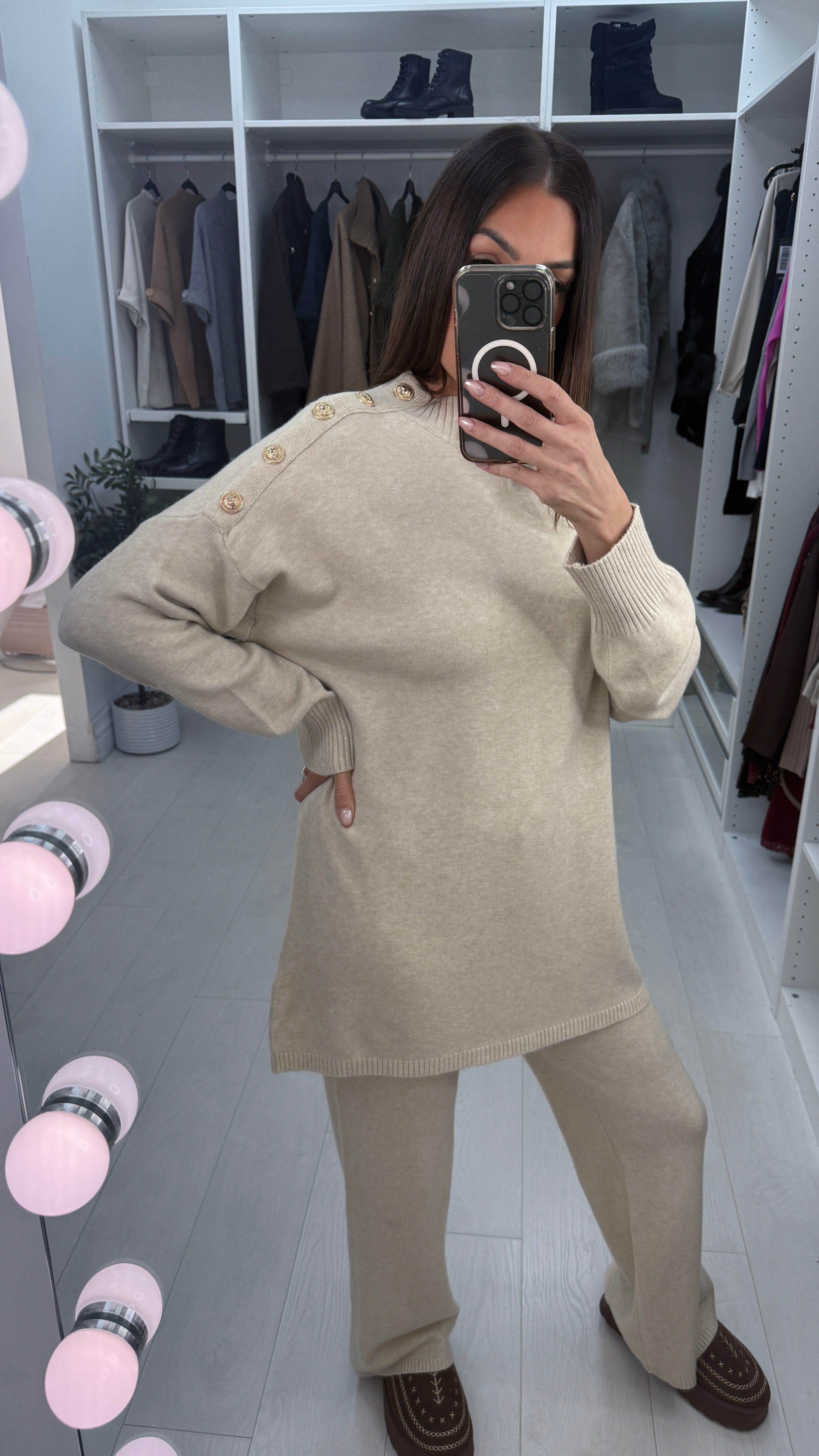 Layanna Plain Button Shoulder Detail Loungewear Set