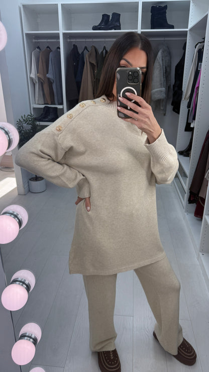 Layanna Plain Button Shoulder Detail Loungewear Set